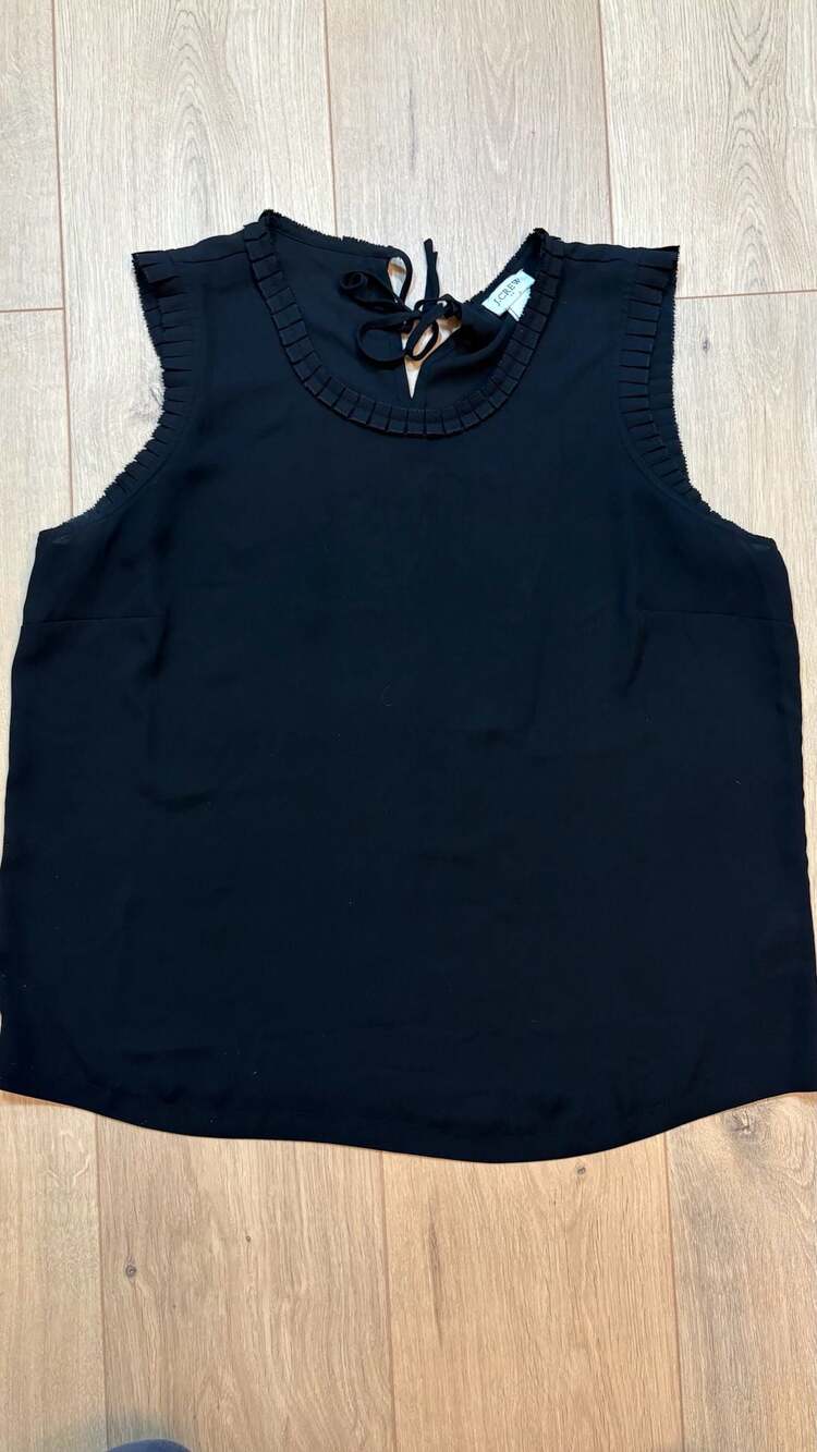 J.Crew Sleeveless Blouse Size 12 Black Pleated Trim Tie Neck